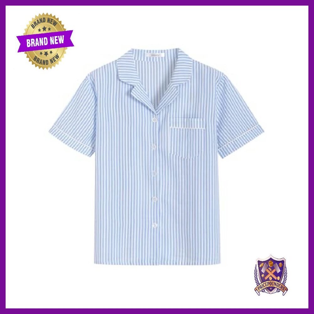 Cotton Seersucker Capri Pajama Set Button Up Top Lounge Wear - Picture 3 of 8